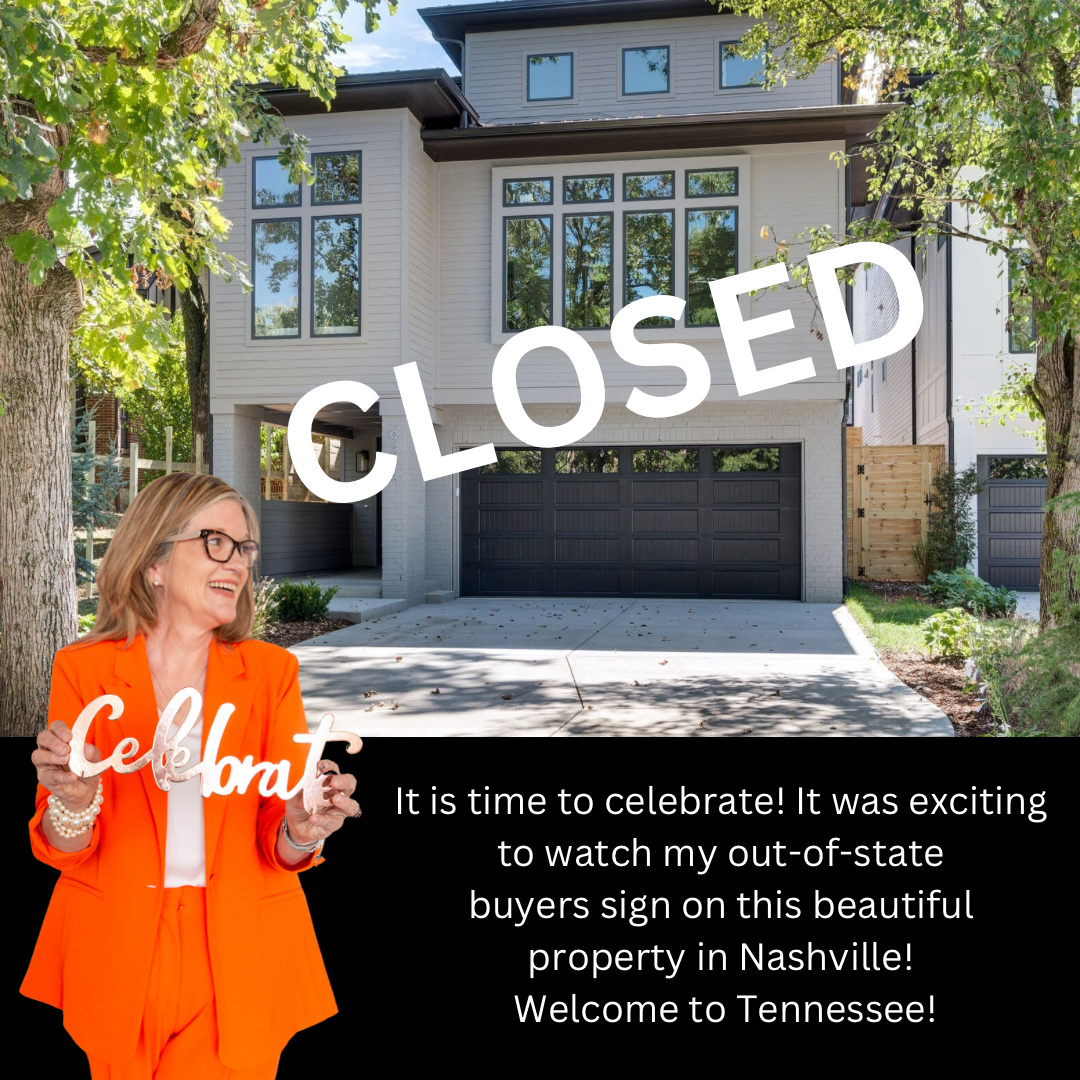 Agent holding celebrate sign positioned in front of a modern home with "Closed" typed on picture